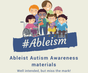 Ableist autism awareness materials group of different aged cartoon drawn disabled characters standing together