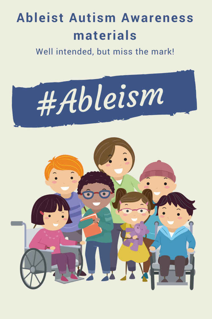 ableist autism awareness materials group of different aged cartoon drawn disabled characters standing together