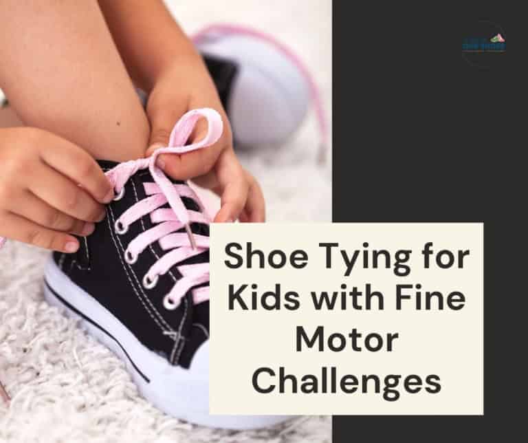 Child tying shoelaces on a black sneaker with pink laces for kids with motor challenges.