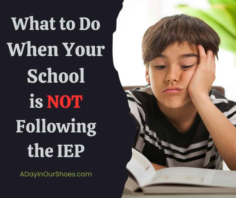 A young student appears frustrated with a textbook, alongside text suggesting advice on handling a school not following an iep (individualized education program).