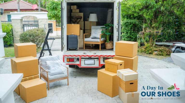 A moving truck with its back open is parked in a driveway, surrounded by cardboard boxes and furniture, ready for unloading. The logo "A Day In Our Shoes" is visible in the corner—ready to move to an IEP friendly school district.
