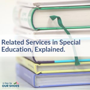 A stack of colorful hardcover books with a ribbon bookmark; overlaid text reads, "iep related services in special education, explained.