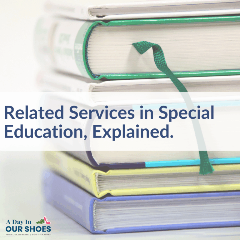 A stack of colorful hardcover books with a ribbon bookmark; overlaid text reads, "iep related services in special education, explained.