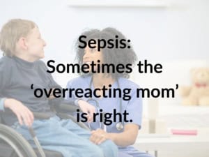 Pediatric nurse with child in a medical setting discussing sepsis symptoms.