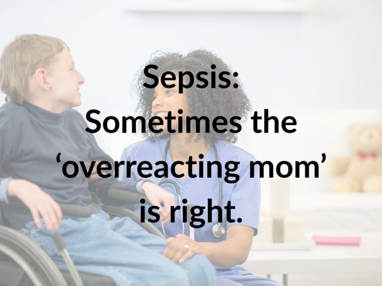 Pediatric nurse with child in a medical setting discussing sepsis symptoms.
