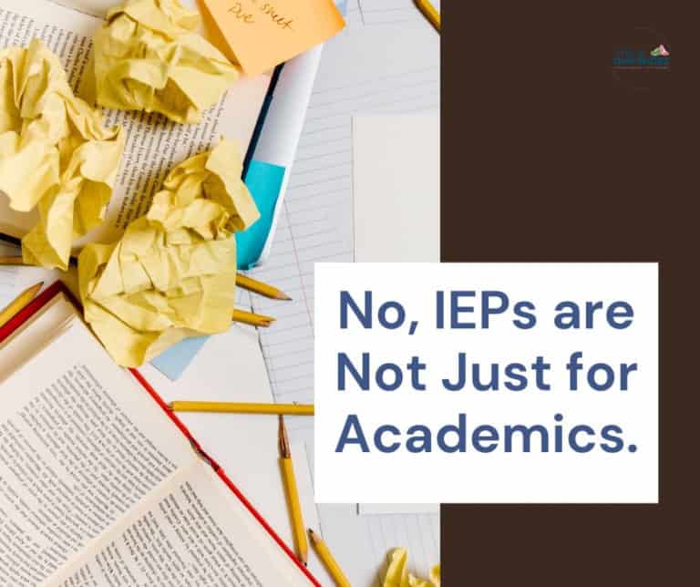 Educational materials with crumpled paper and a sign about ieps and academics.