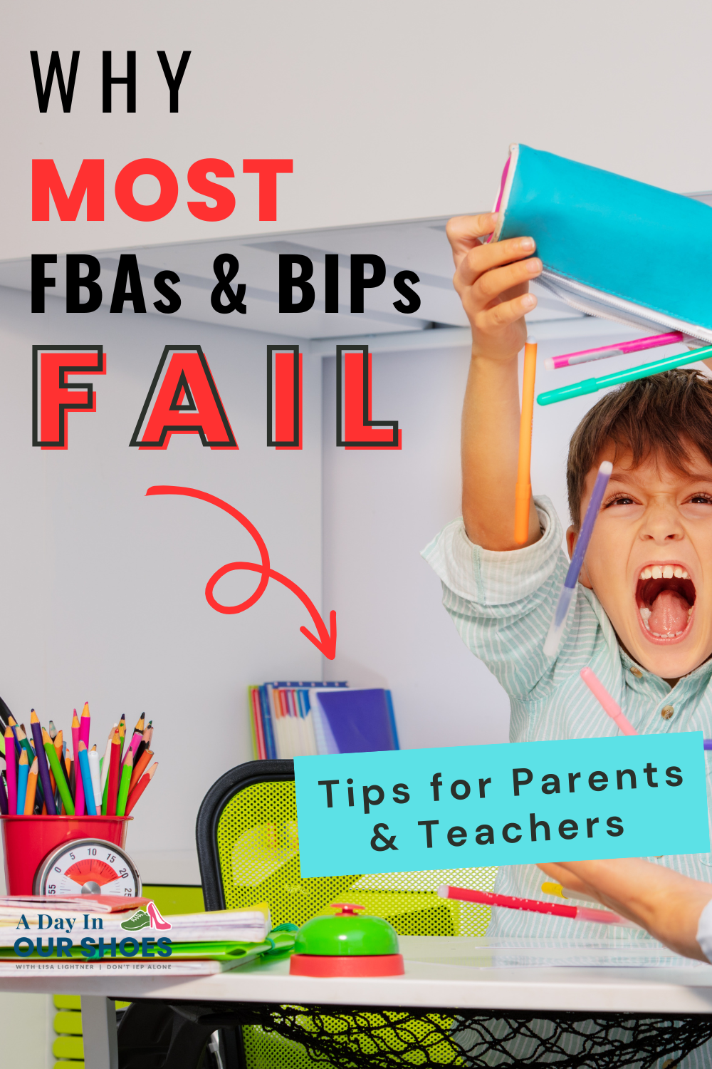 Young boy angrily throwing colored pencils while sitting at a desk; text reads “why most fba behavior plans & bips fail—tips for parents & teachers. ”.