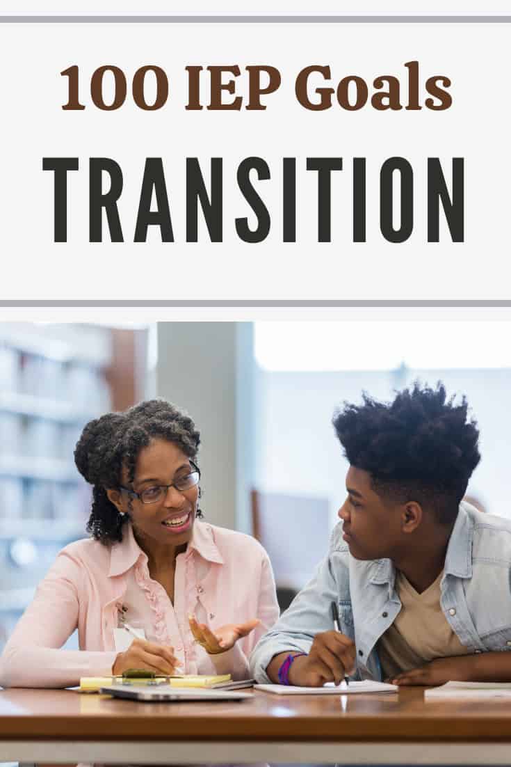 An older woman and a young man sit at a table discussing documents, with text above reading "100 iep transition goals.