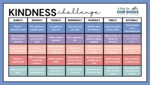 Weekly kindness challenge schedule for family activities and acts of kindness.
