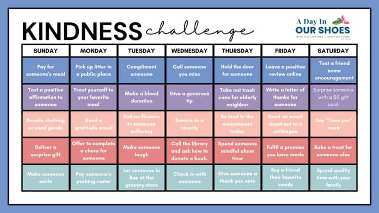 Weekly kindness challenge schedule for family activities and acts of kindness.