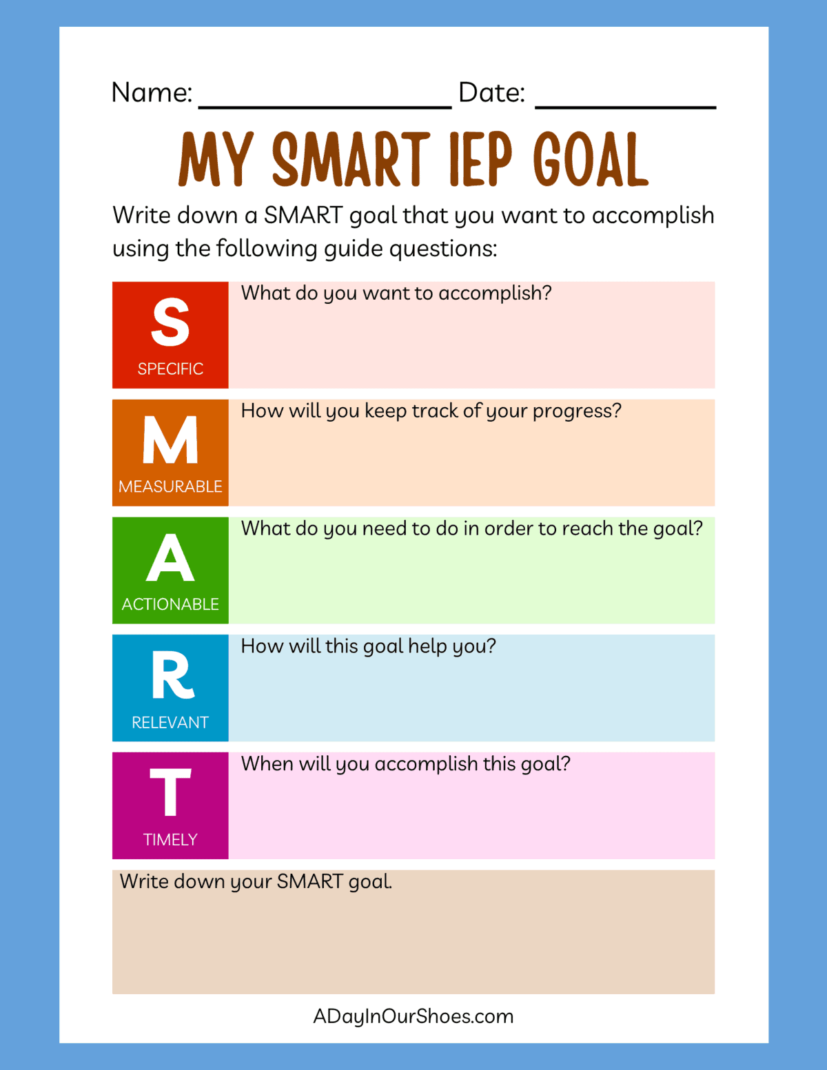 Colorful smart iep goals worksheet with questions to guide goal planning.