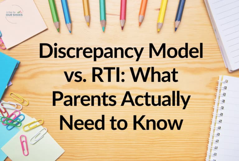 Graphic with the title “discrepancy model vs rti” displayed over a school background