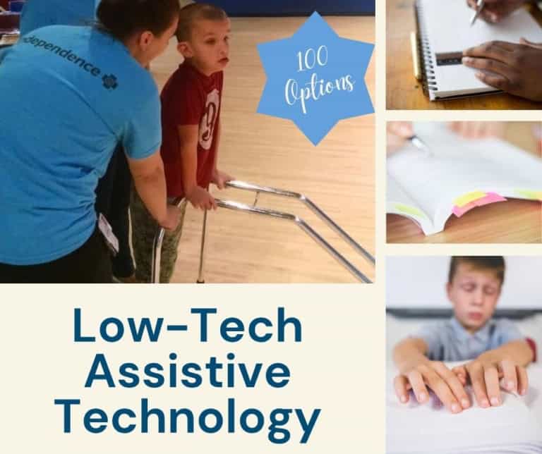 Children using low-tech assistive devices in a classroom setting.