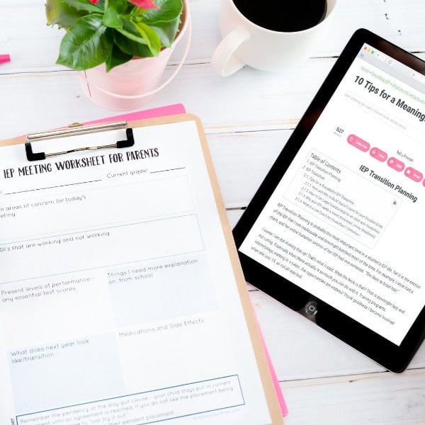 Iep meeting checklist for parents (free pdf) 1 A clipboard with an iep meeting checklist, a cup of coffee, a potted plant, and a tablet computer displaying a webpage titled "10 tips for a meaningful iep transition planning" rest on a white background.