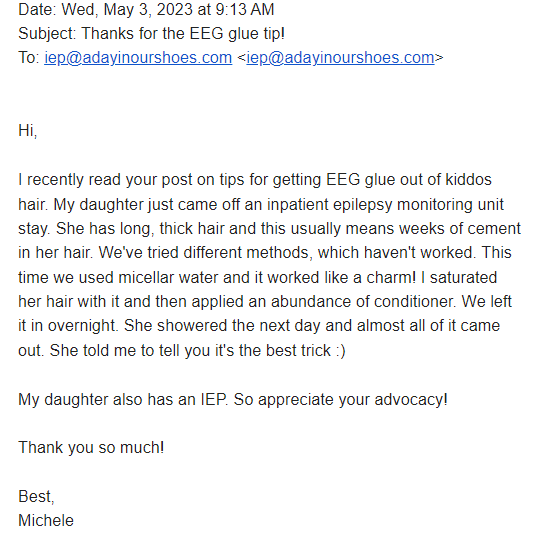 An email from a parent describing how micellar water successfully removed eeg glue from her child’s hair after a hospital stay.
