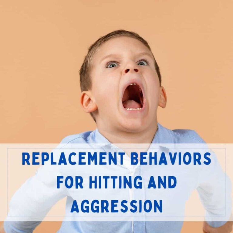 A young boy with an open mouth, appearing to shout or scream. The text reads, "replacement behaviors for hitting and aggression.