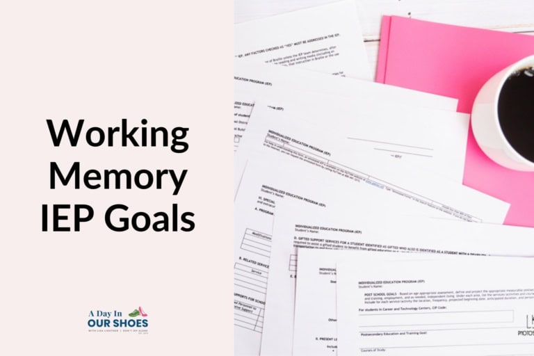 Featured image showing text “working memory iep goals” with an iep document background, representing goal writing support.