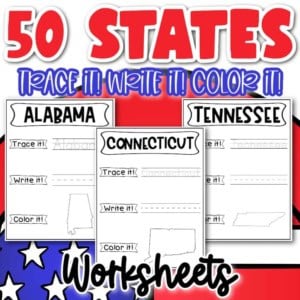 50 states trace, write, and color worksheets for kids.