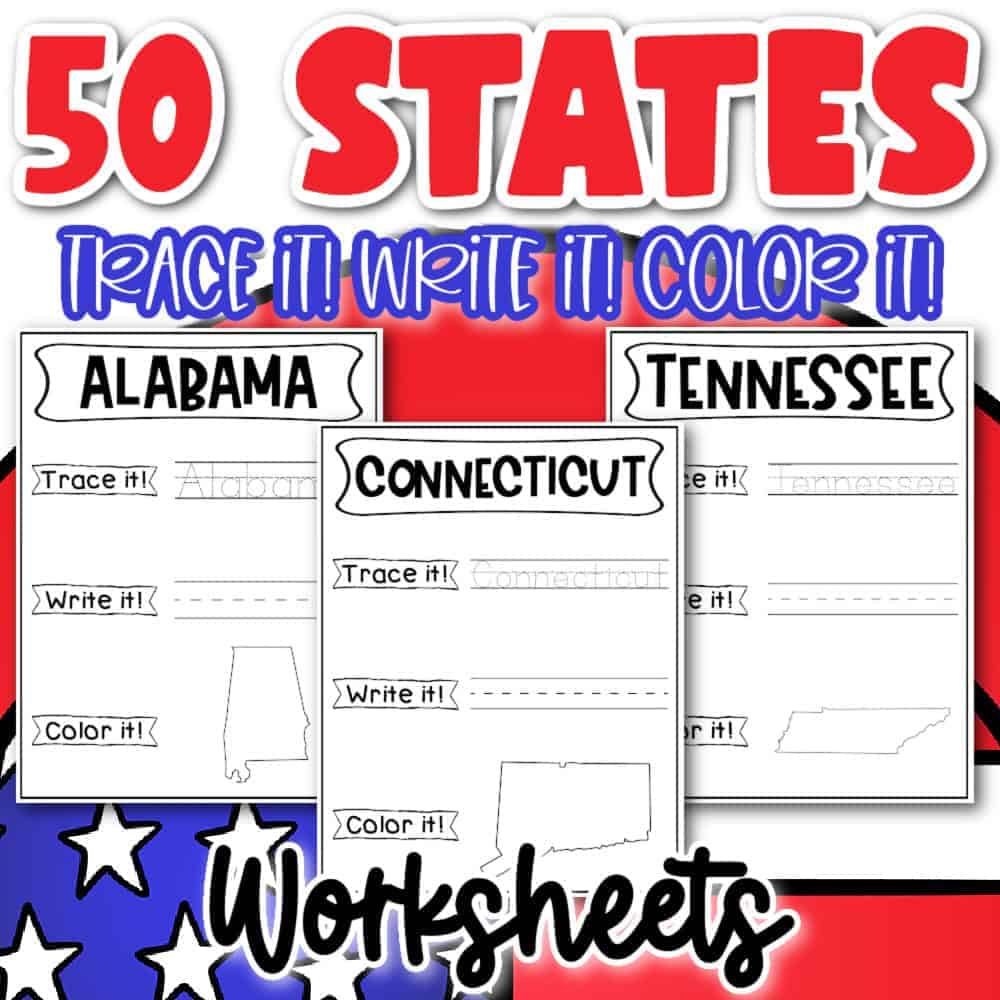 50 states trace, write, and color worksheets for kids.