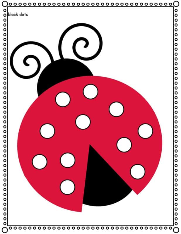 20 free do-a-dot printables (pdfs) 1 A ladybug with black dots on a white background, perfect for do-a-dot activities or exploring the four seasons.