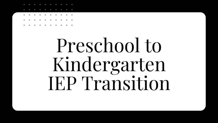 Slide with the title "preschool to kindergarten iep transition" in large black text on a white background, featuring small green dots in the corner, highlights the journey from preschool to kindergarten with an iep focus.