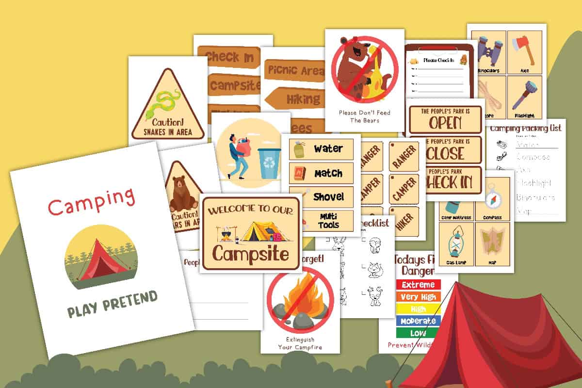 14 pretend play ideas for all ages (free pdfs) 2 A collection of camping worksheets featuring a tent and various items, perfect for pretend play or seeking inspiration for fun camping ideas.