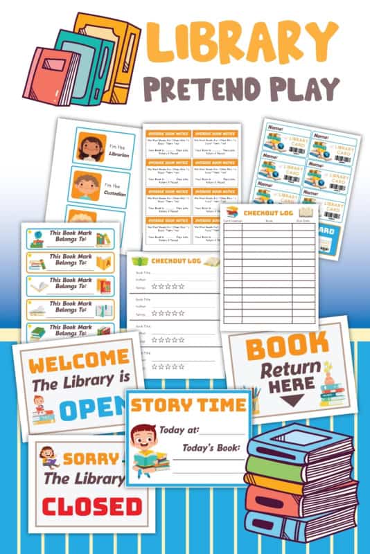 14 pretend play ideas for all ages (free pdfs) 9 Pretend play at the library with various pretend play ideas.