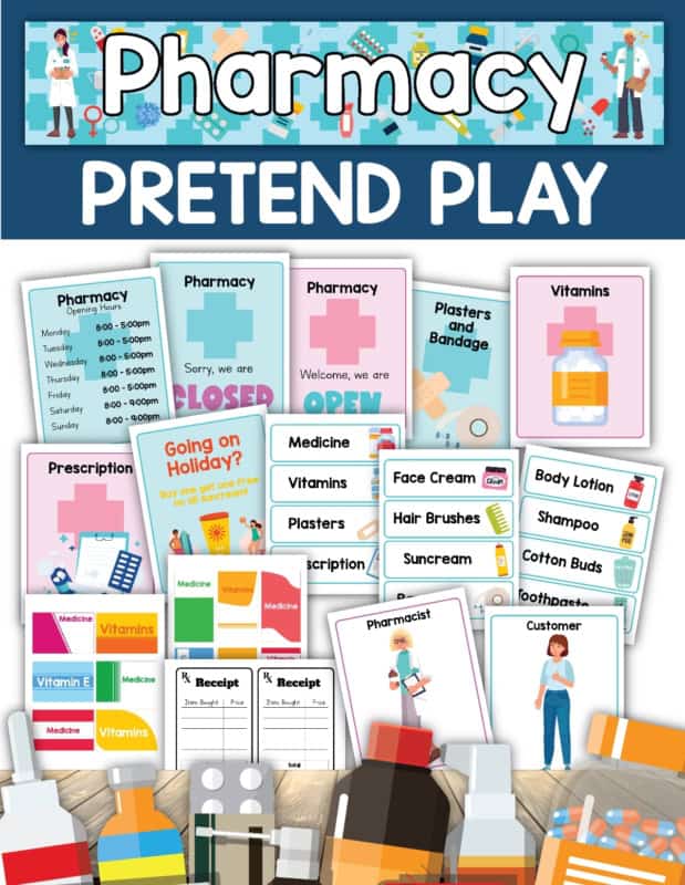 A collection of cards and a sign to spark inventive pretend play ideas.