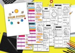 Mockup preview of printable solar system worksheets pdf showing planet labeling, solar system diagram, and space science activity pages for kids