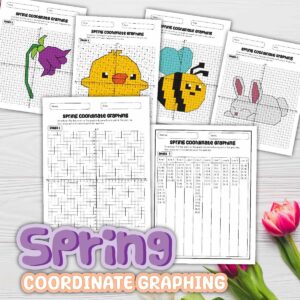 Mockup of printable spring coordinate graphing worksheets showing picture graph activities on a coordinate plane grid