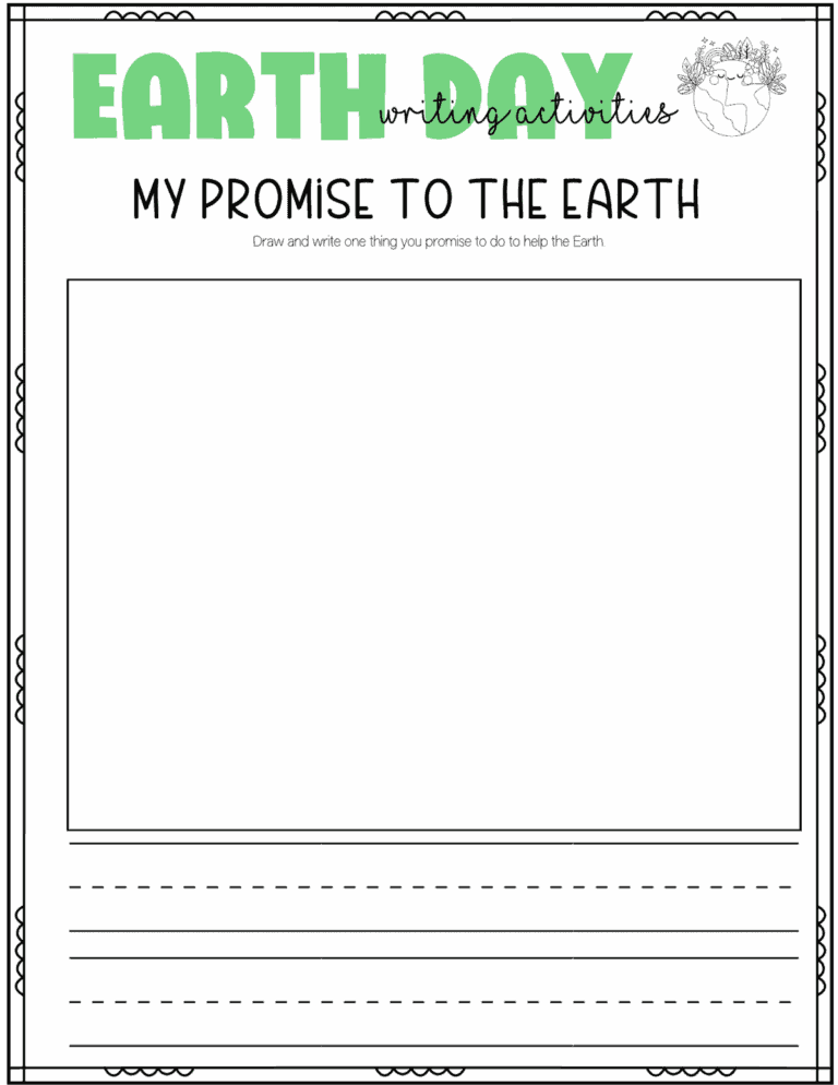 Free earth day-themed activity worksheet titled "my promise to the earth," with space for drawing and writing a pledge to help the environment.