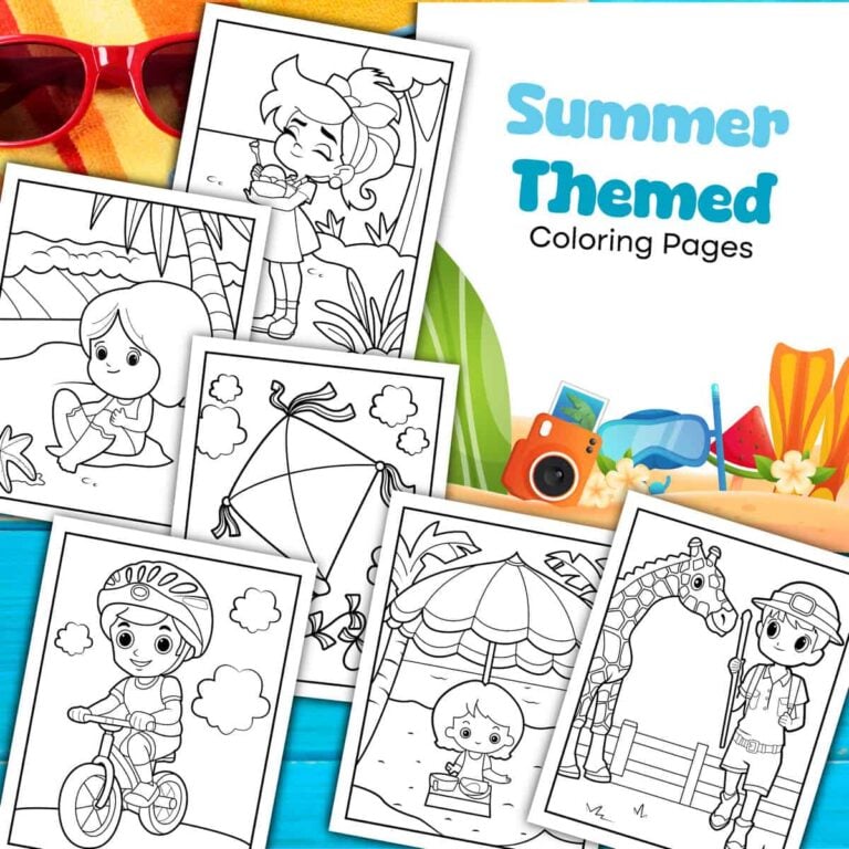 A collection of free summer coloring pages laid out beside sunglasses and beach accessories.