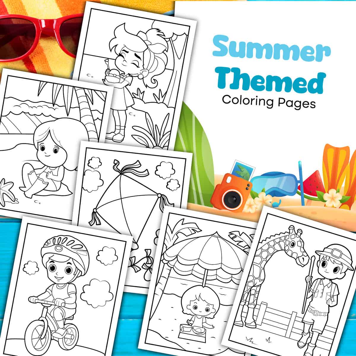 A collection of free summer coloring pages laid out beside sunglasses and beach accessories.