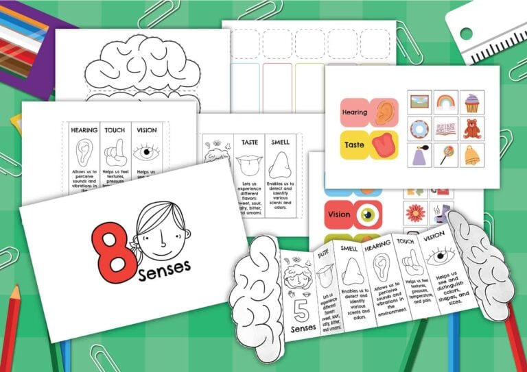 A set of worksheets focusing on interoceptive skills with a picture of a brain and a pencil.