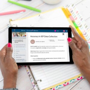 A hand holding an ipad with a notepad on it, displaying information from a board certified special education advocate.