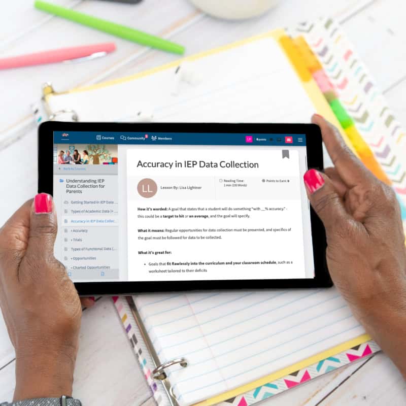 A hand holding an ipad with a notepad on it, displaying information from a board certified special education advocate.