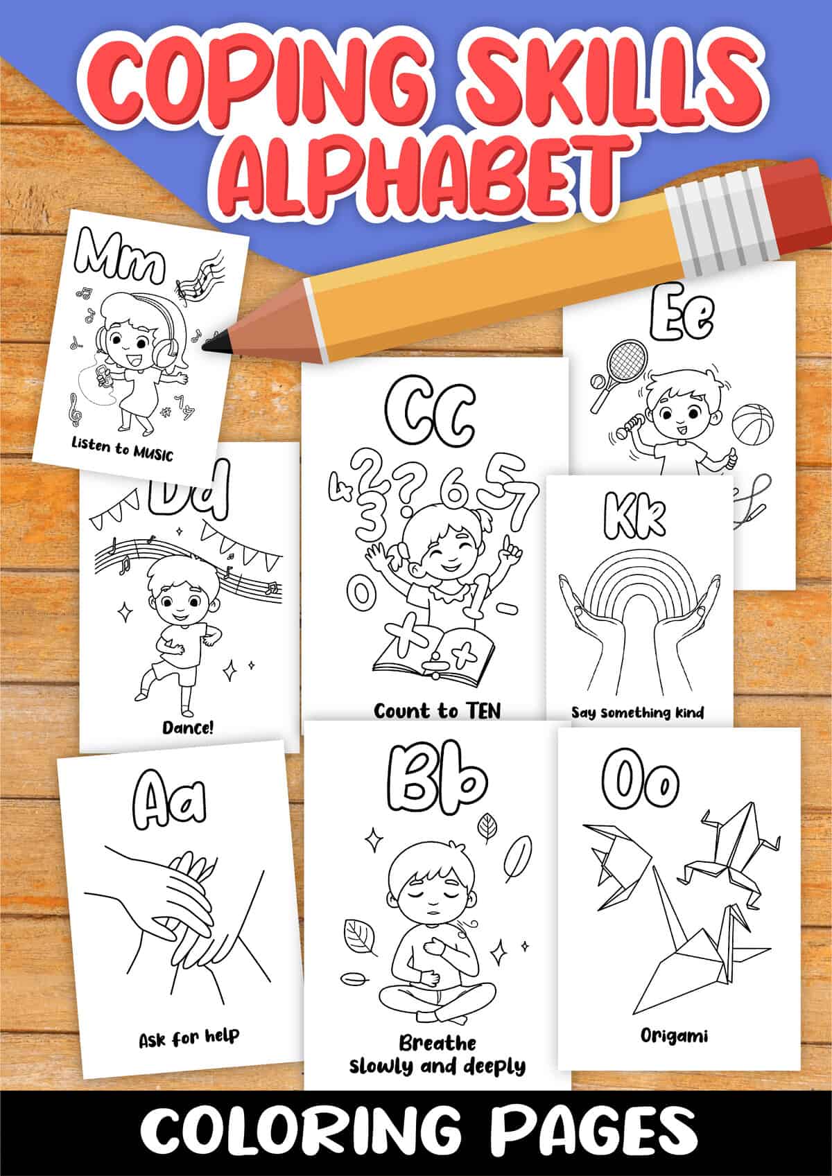 Coloring pages featuring an alphabet theme to teach stress relief, with an illustrated pencil on the side.