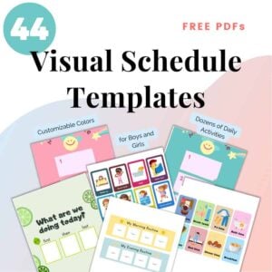 A promotional graphic for 44 free visual schedule pdf templates with customizable colors and various activities for different age groups.