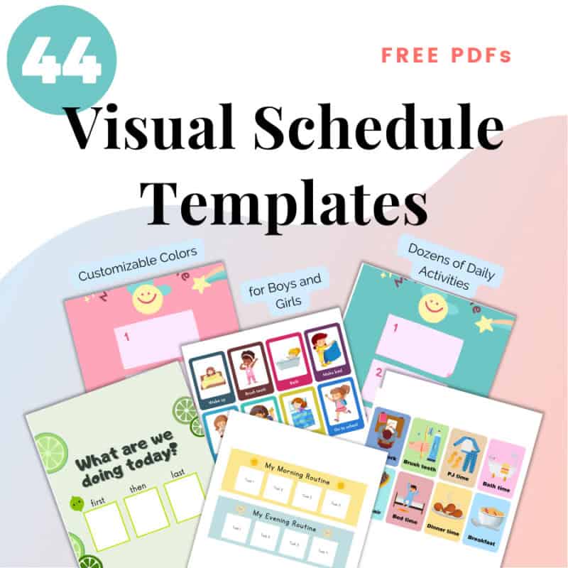A promotional graphic for 44 free visual schedule pdf templates with customizable colors and various activities for different age groups.