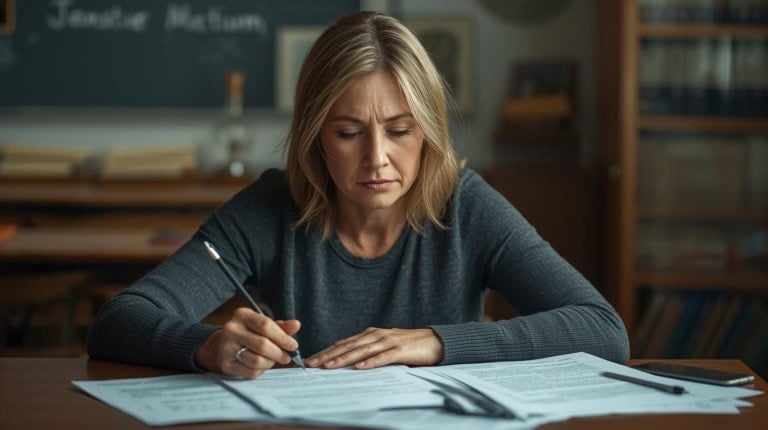 Parent reviewing iep paperwork and pausing to consider an emotional disturbance eligibility decision.