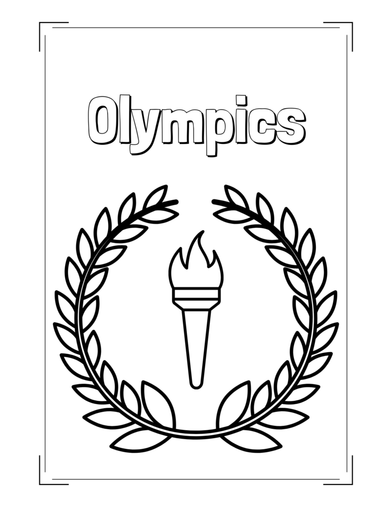 Black and white illustration of the word "olympics" above a laurel wreath encircling a lit torch, celebrating the spirit of the olympics on a plain background.
