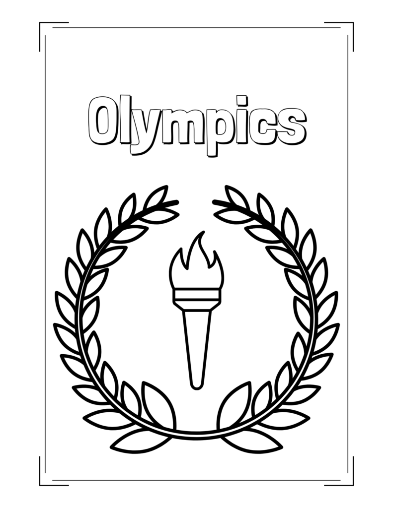 Black and white illustration of the word "olympics" above a laurel wreath encircling a lit torch, celebrating the spirit of the olympics on a plain background.