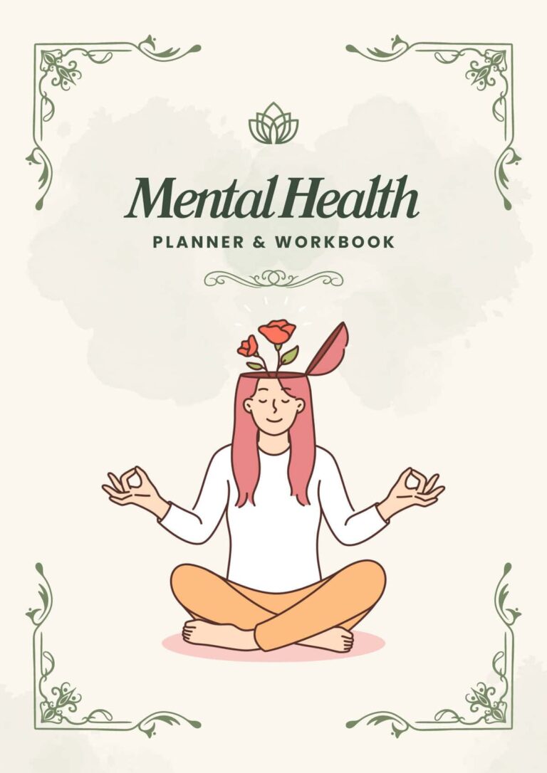 Illustration of a woman meditating with a lotus flower above her head on the cover of a "mental health planner & workbook" surrounded by an auto draft and floral border.
