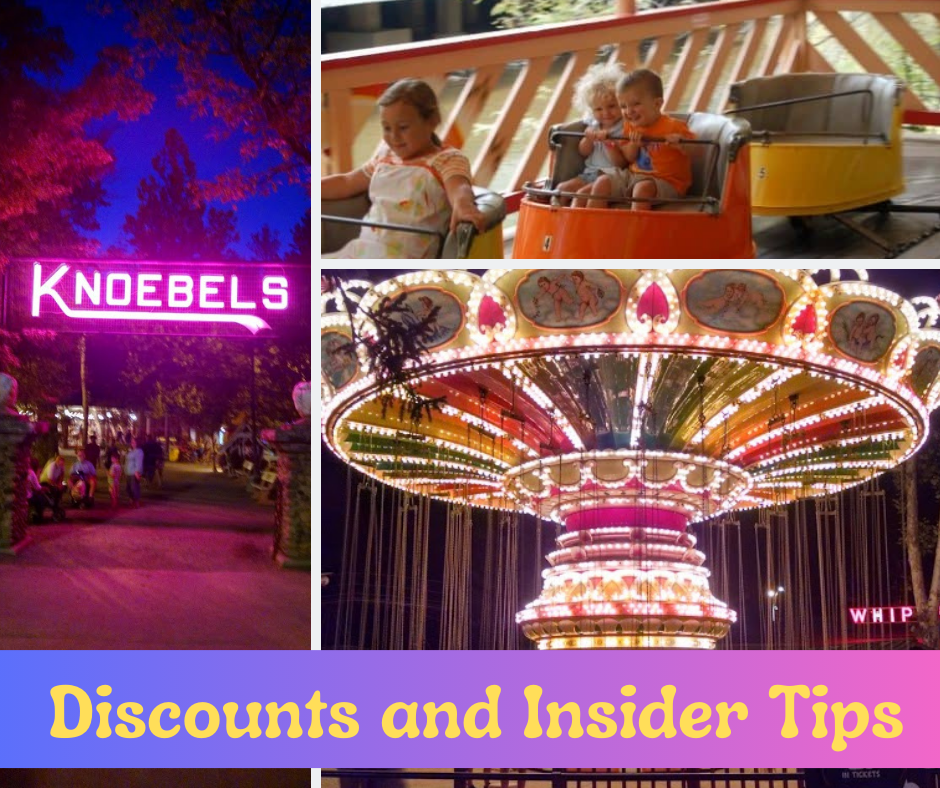 Collage of knoebels amusement park: neon entrance sign, children on rides, and the spinning swing ride. Text at bottom reads "knoebels amusement park discounts and insider tips.