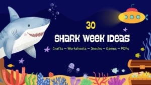 Colorful underwater scene with a shark, submarine, and sea creatures for shark week ideas.