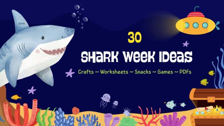 Colorful underwater scene with a shark, submarine, and sea creatures for shark week ideas.