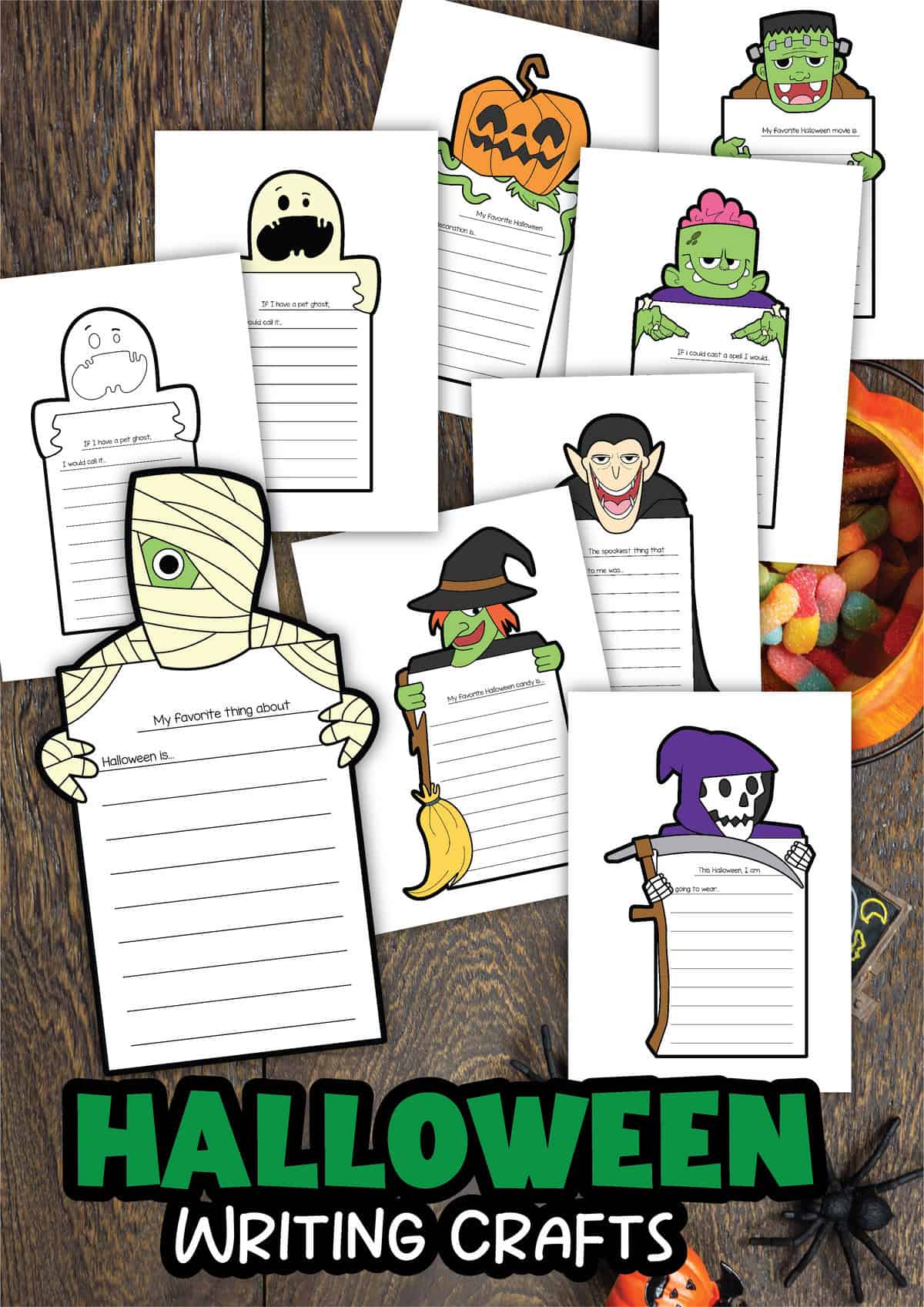 A collection of halloween-themed writing crafts featuring various illustrated characters, such as a mummy, ghost, pumpkin, frankenstein, witch, vampire, and skeleton on lined paper templates with creative writing prompts.