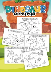 Dinosaur coloring pages featuring five different species: pterodactyl, stegosaurus, triceratops, parasaurolophus, and t-rex, all set against a cartoon prehistoric backdrop.