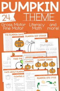 Cover of a 24-page pumpkin-themed activity book featuring gross motor, literacy, and math exercises. Pages include handwriting practice, dot stickers, and detailed pumpkin life cycle worksheets.