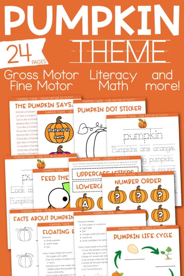 Cover of a 24-page pumpkin-themed activity book featuring gross motor, literacy, and math exercises. Pages include handwriting practice, dot stickers, and detailed pumpkin life cycle worksheets.